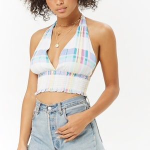 Plaid Smocked Halter Crop Top